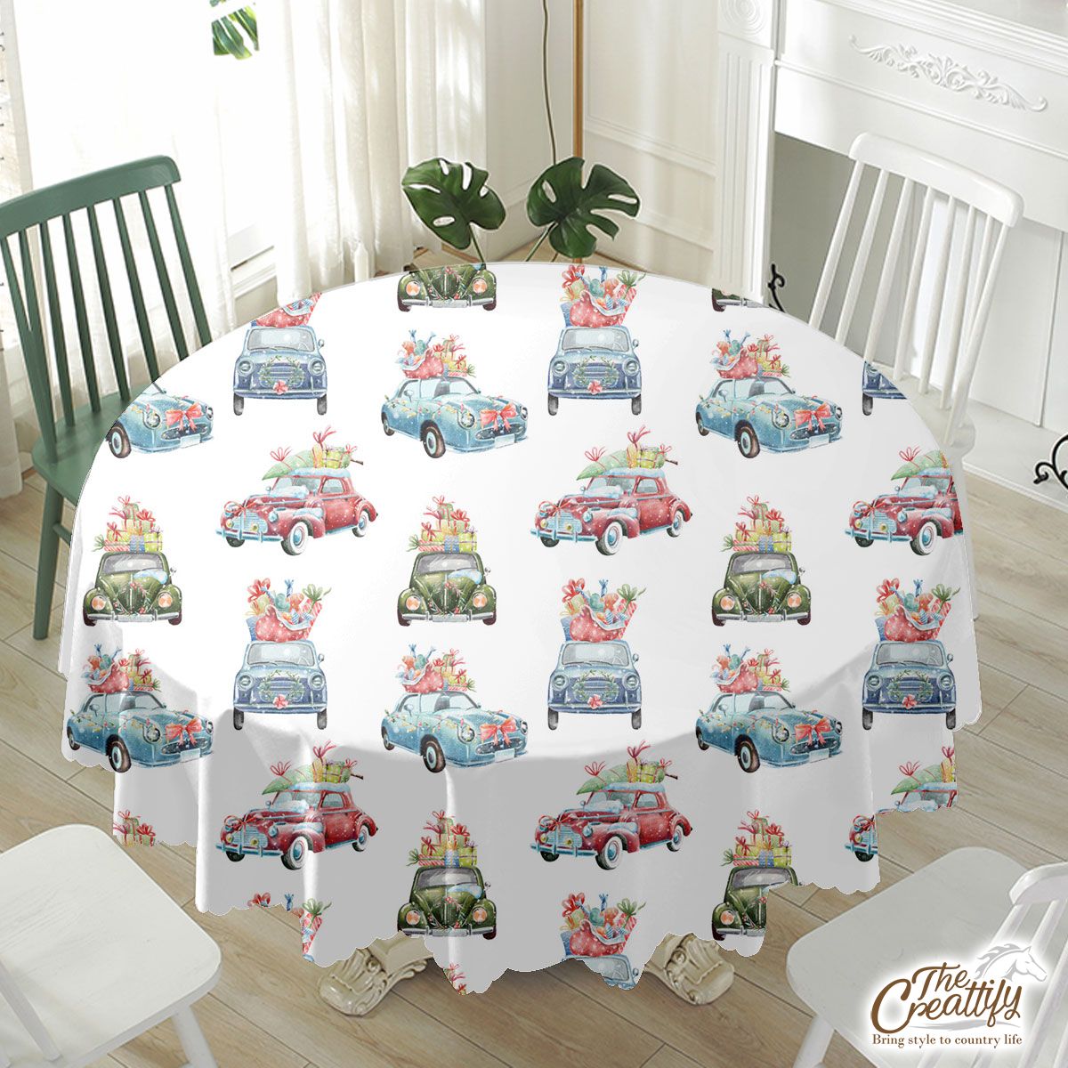 Christmas Car On White Background Waterproof Tablecloth