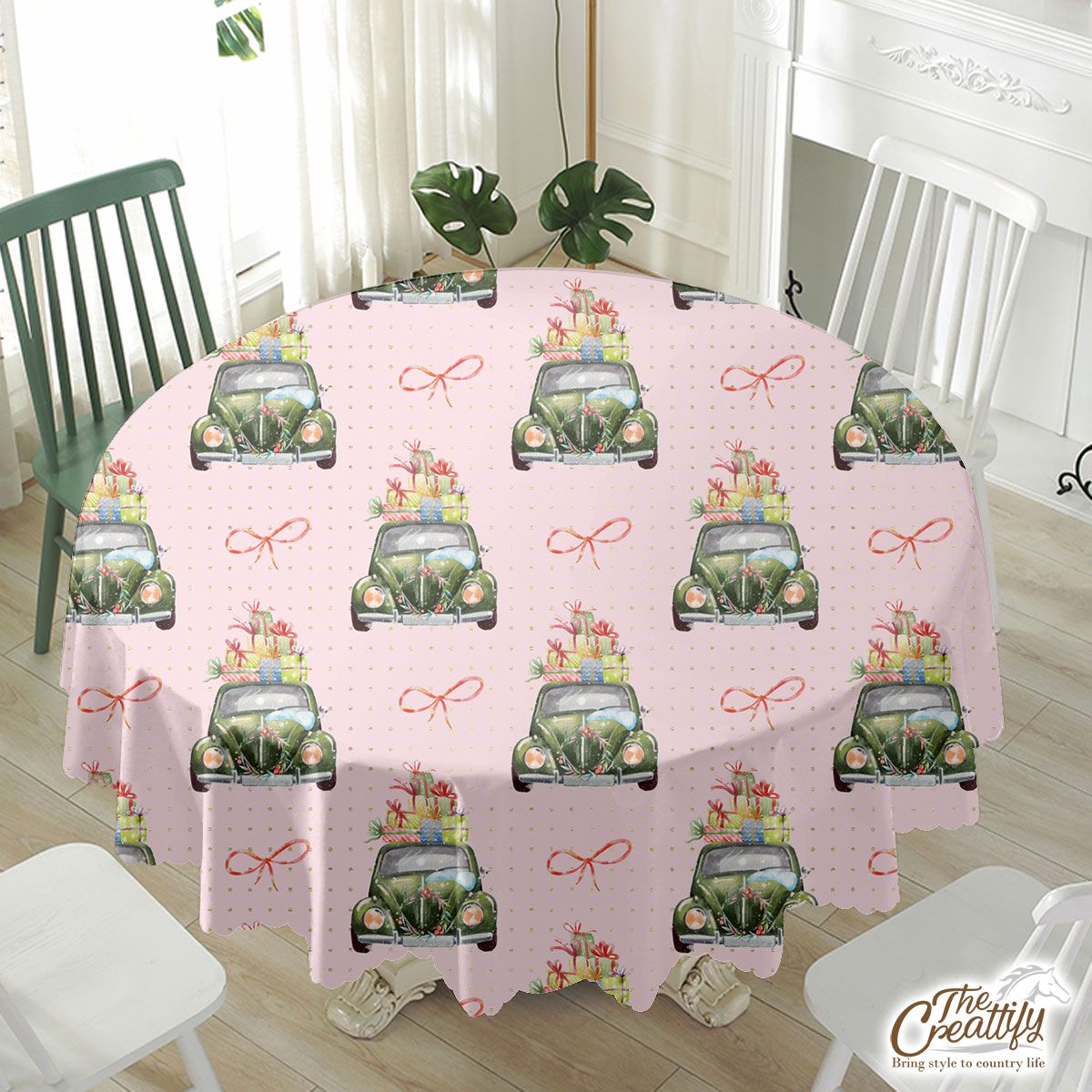 Christmas Car, Christmas Bow On Pink Background Waterproof Tablecloth