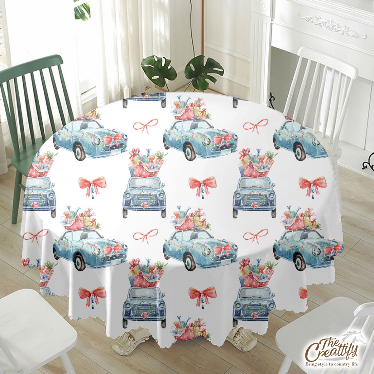 Christmas Car, Christmas Bow On White Background Waterproof Tablecloth