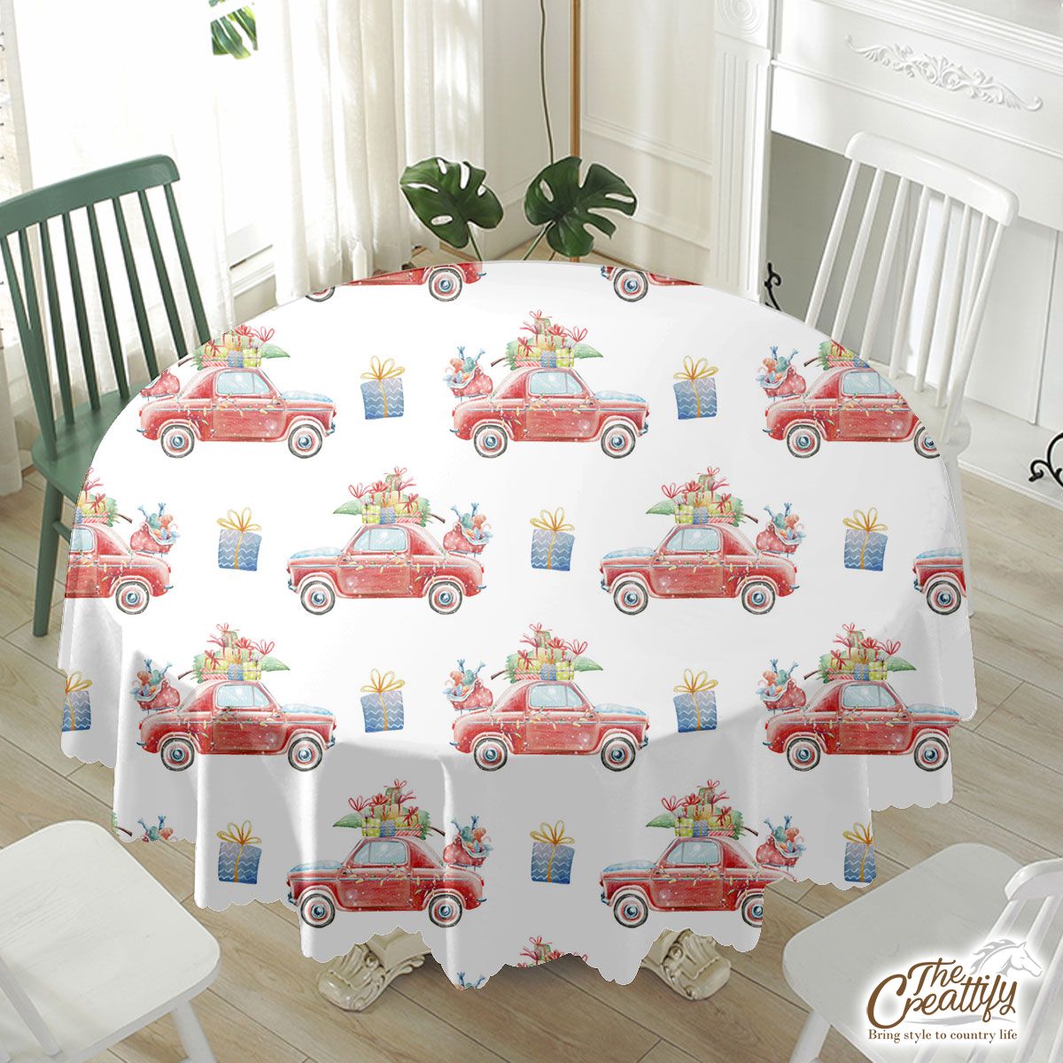 Christmas Car, Christmas Gift On White Background Waterproof Tablecloth