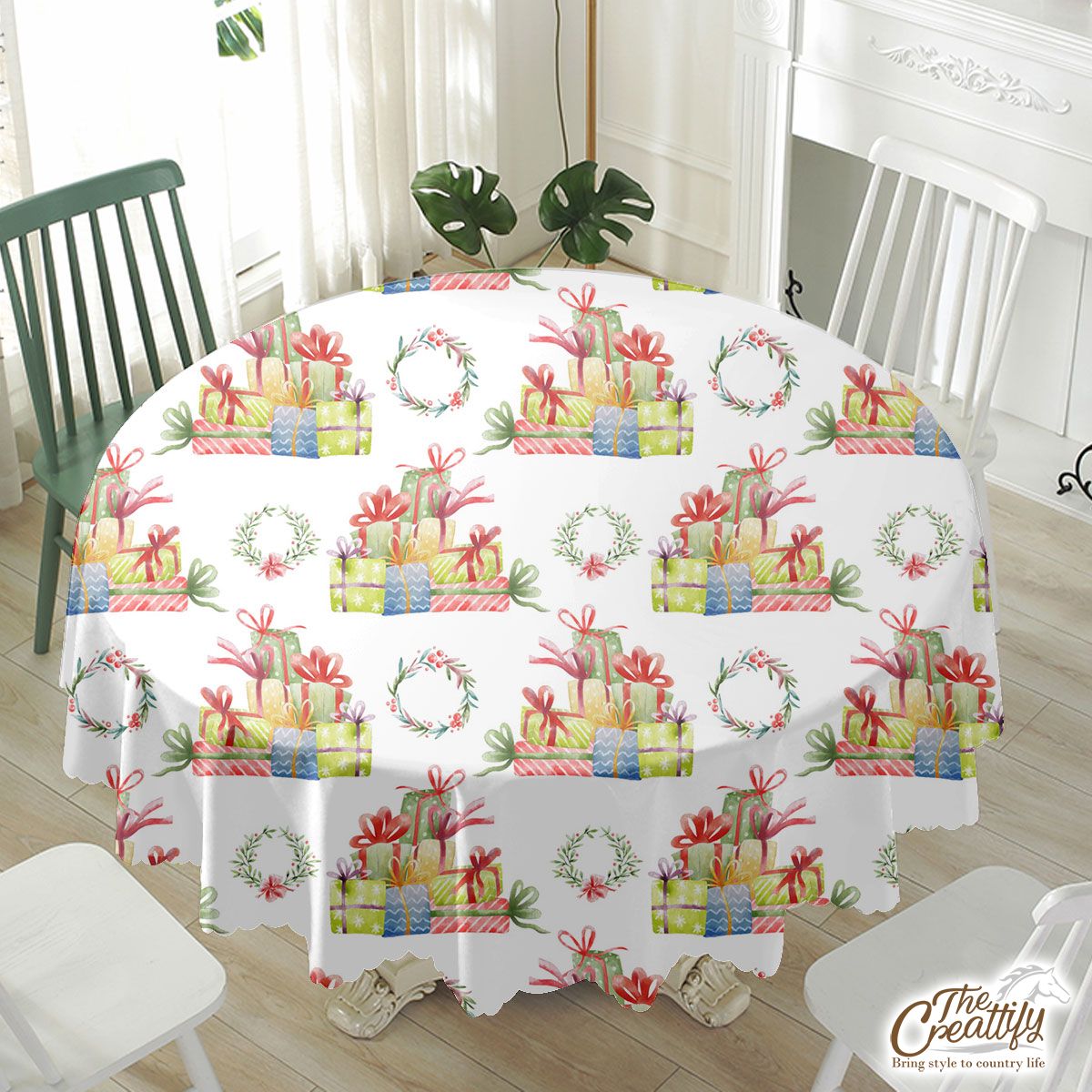 Christmas Gift, Christmas Wreath On White Background Waterproof Tablecloth