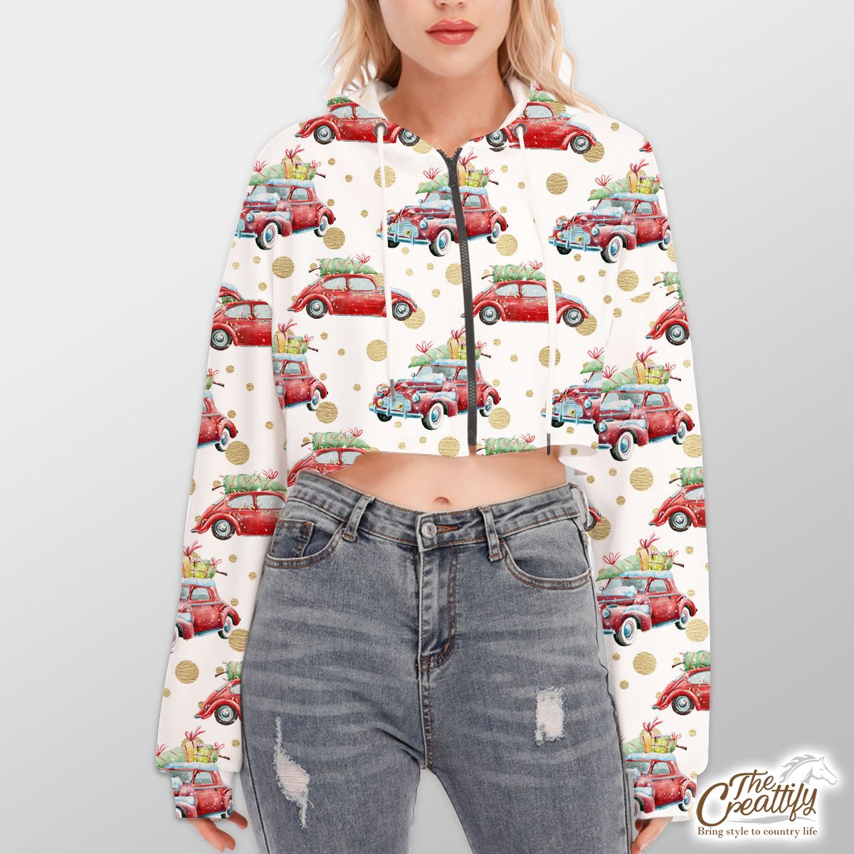 Christmas Car On Polka Dot Background Hoodie With Zipper Closure