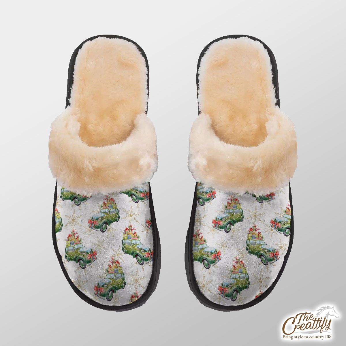 Christmas Car On Snowflake Background Home Plush Slippers