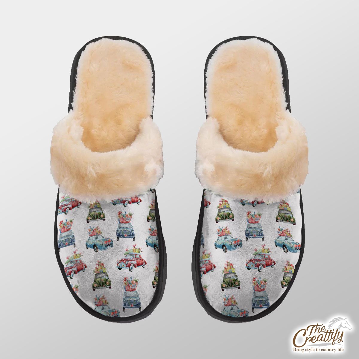 Christmas Car On White Background Home Plush Slippers