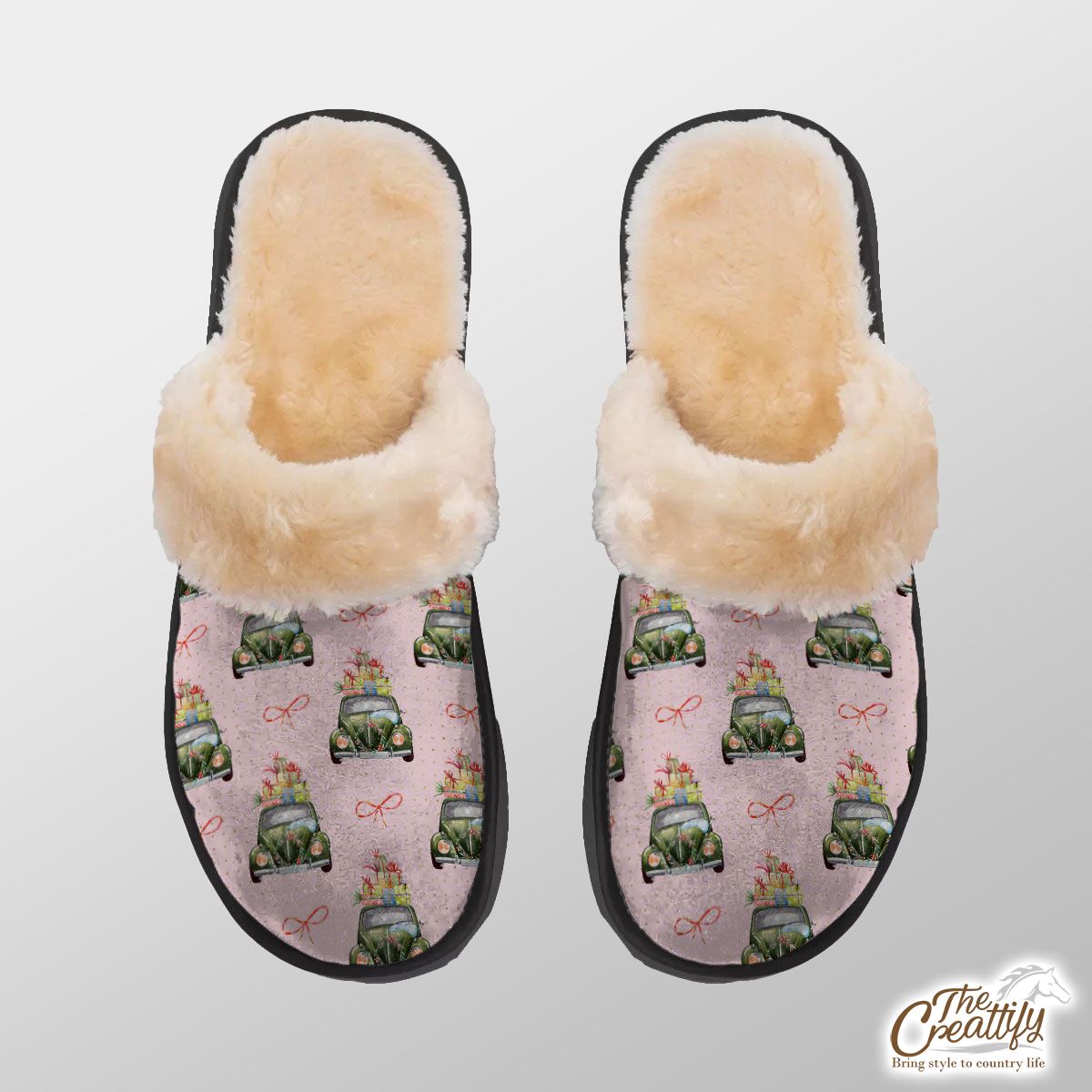 Christmas Car, Christmas Bow On Pink Background Home Plush Slippers