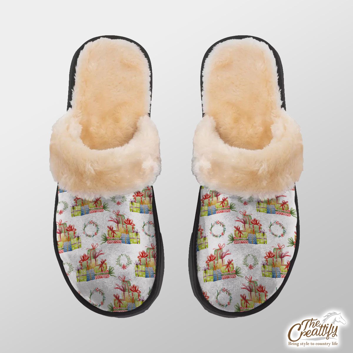 Christmas Gift, Christmas Wreath On White Background Home Plush Slippers