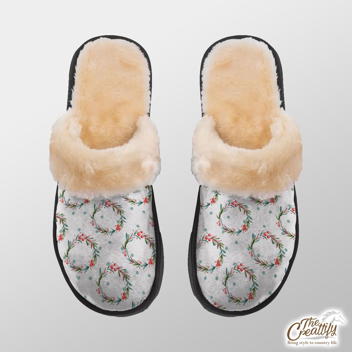 Christmas Wreath On White Background Home Plush Slippers