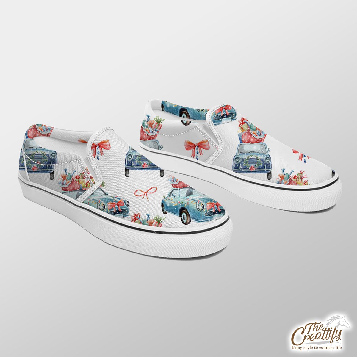Christmas Car, Christmas Bow On White Background Slip On Sneakers