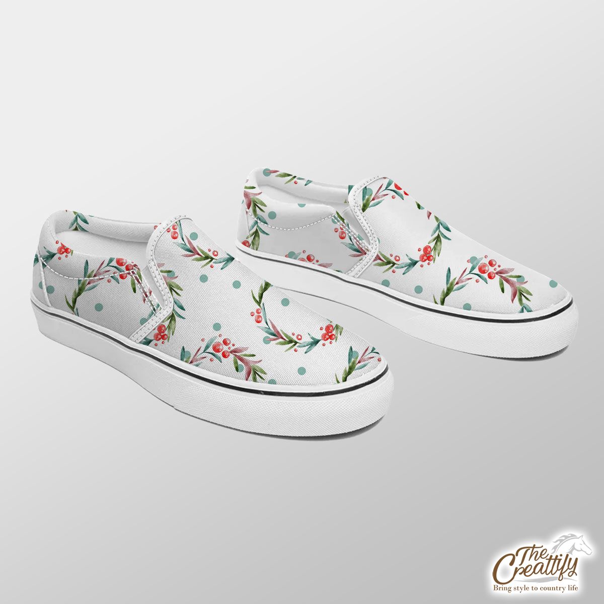 Christmas Wreath On White Background Slip On Sneakers