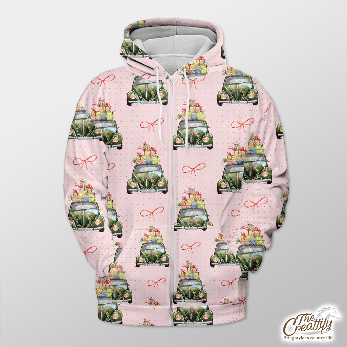 Christmas Car, Christmas Bow On Pink Background Zip Hoodie