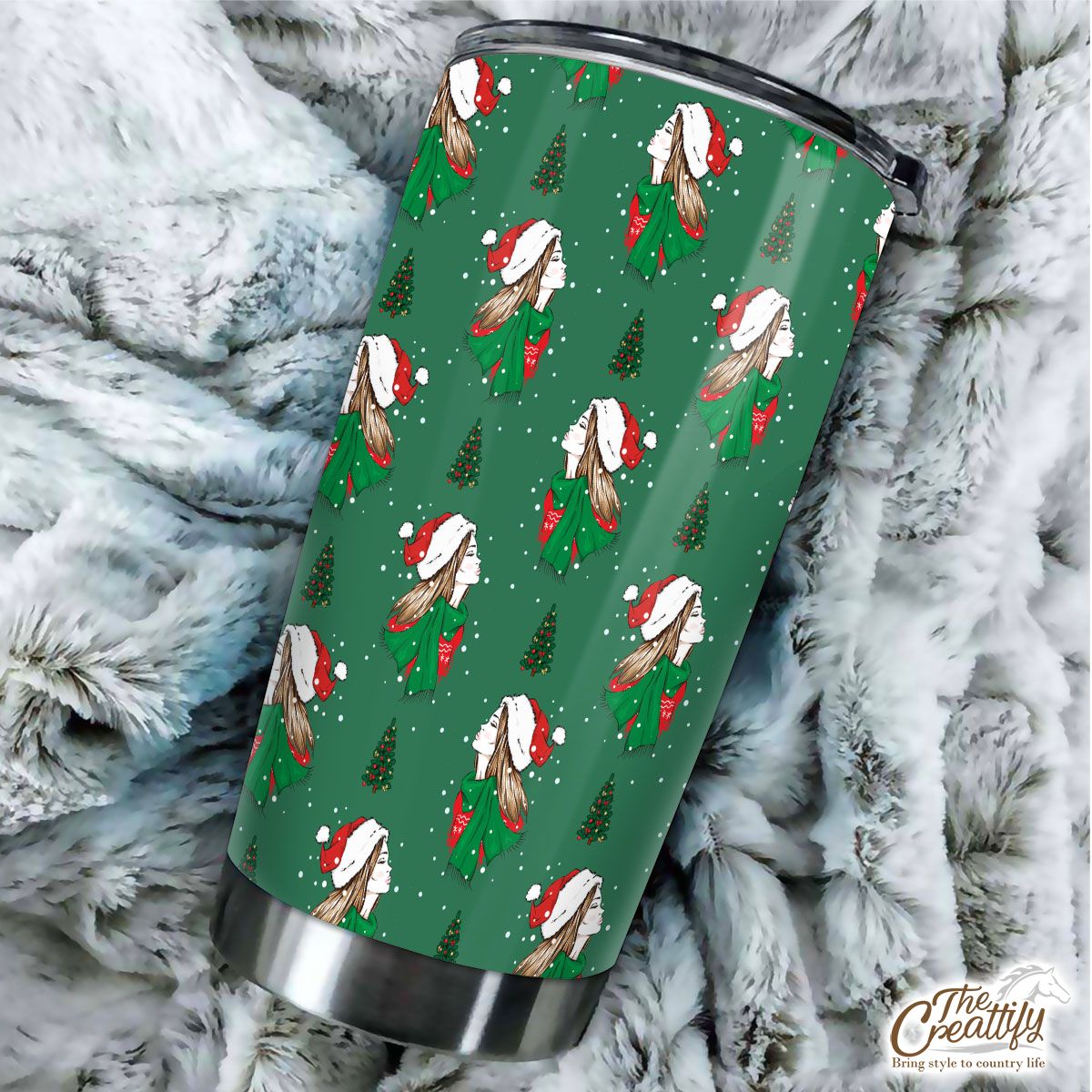 Christmas Girls With Christmas Tree On Green Background Tumbler