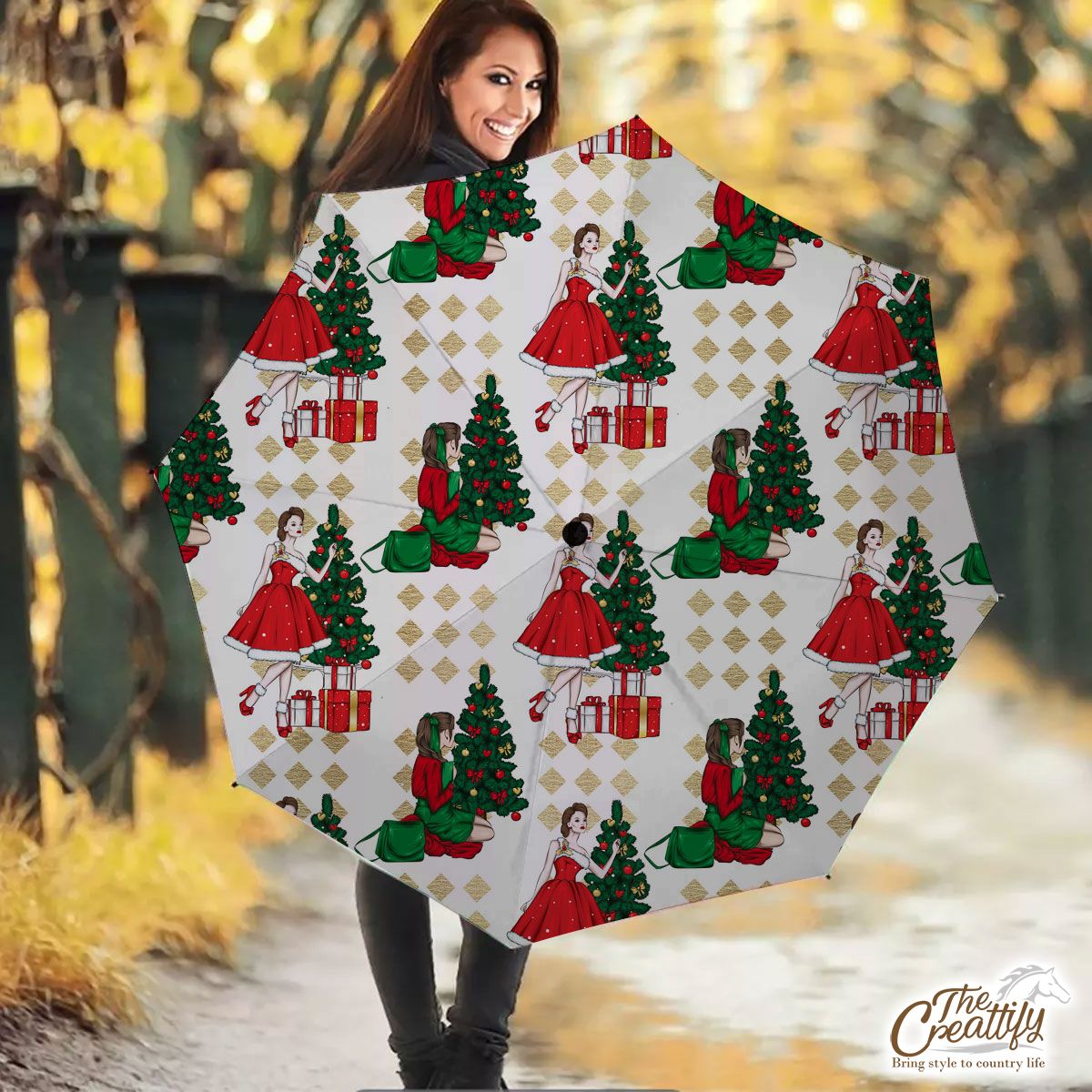 Christmas Girl With Christmas Tree Umbrella