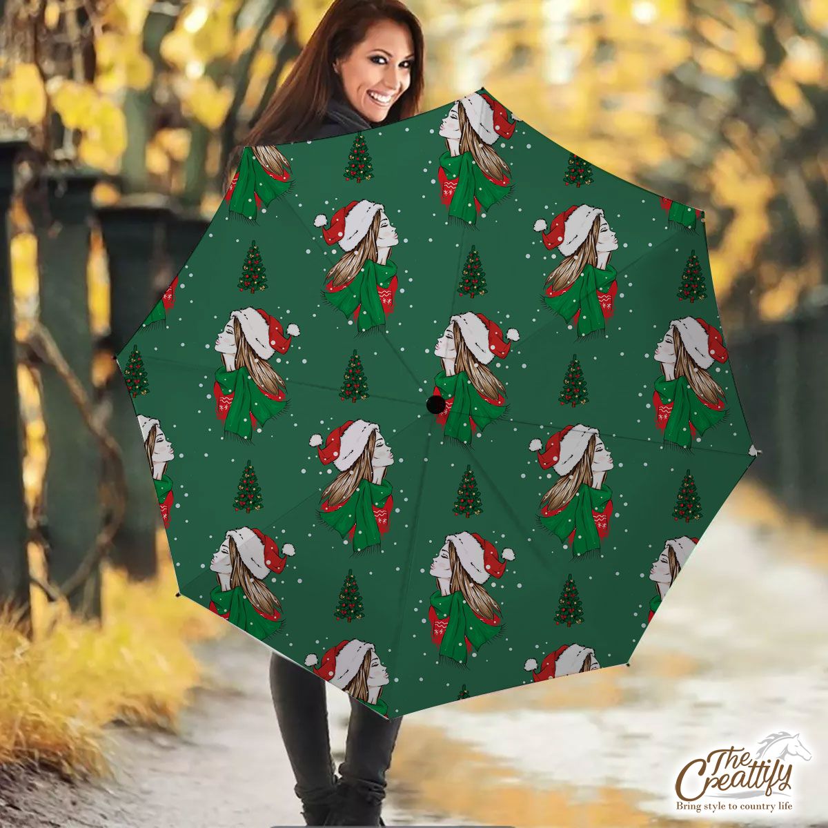 Christmas Girls With Christmas Tree On Green Background Umbrella