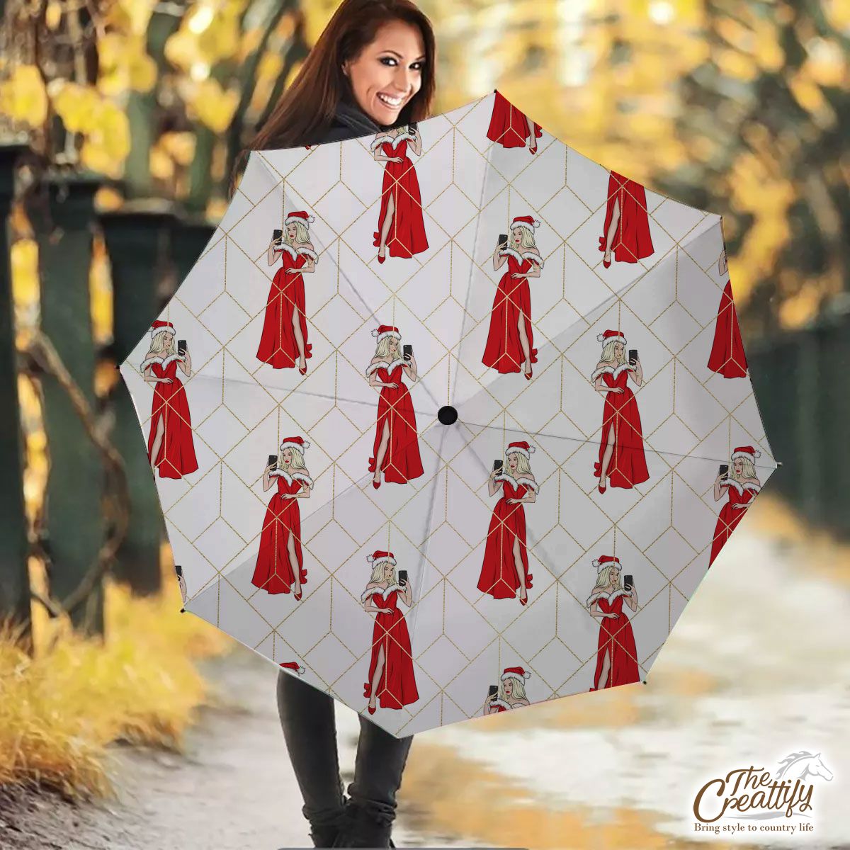 Fashionable Christmas Girl Taking Selfie Umbrella
