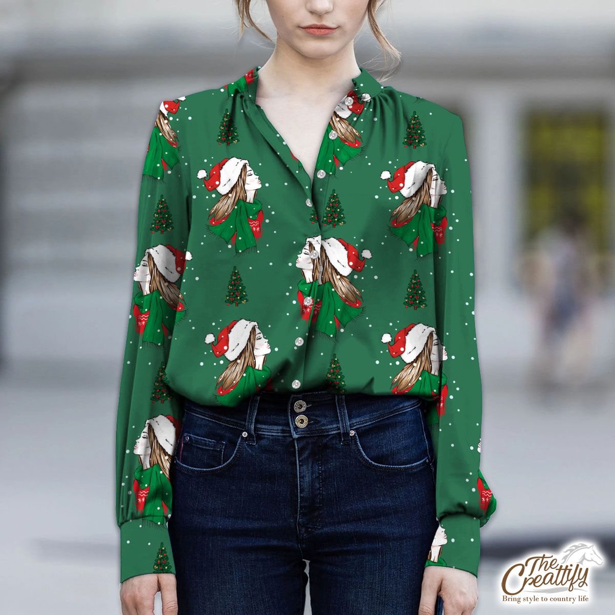 Christmas Girls With Christmas Tree On Green Background V-Neckline Blouses