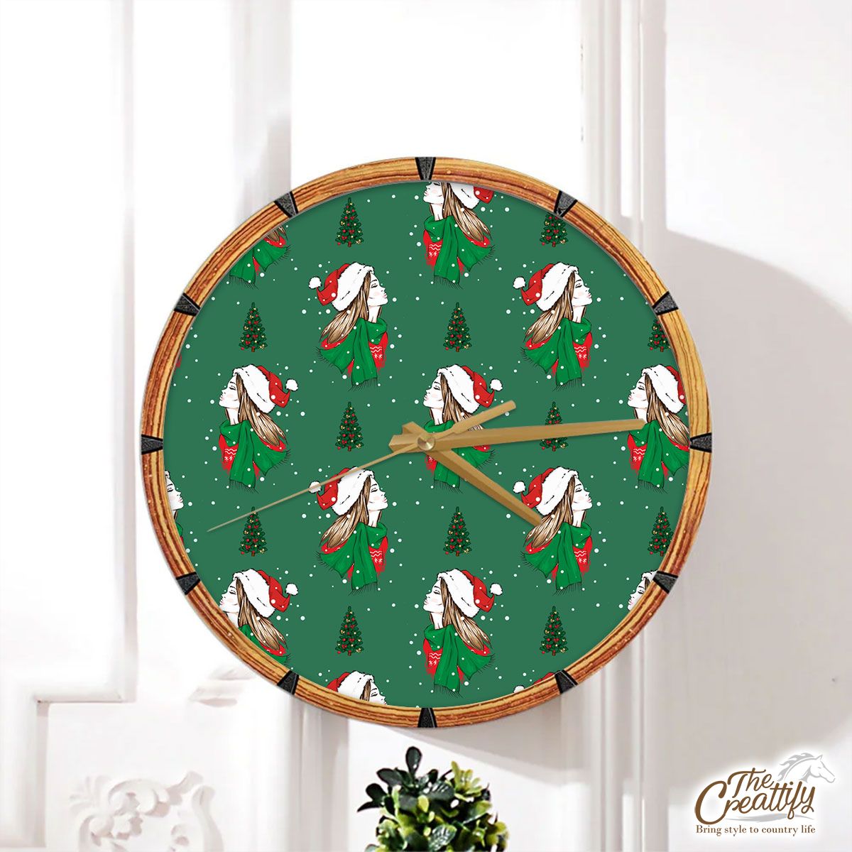 Christmas Girls With Christmas Tree On Green Background Wall Clock