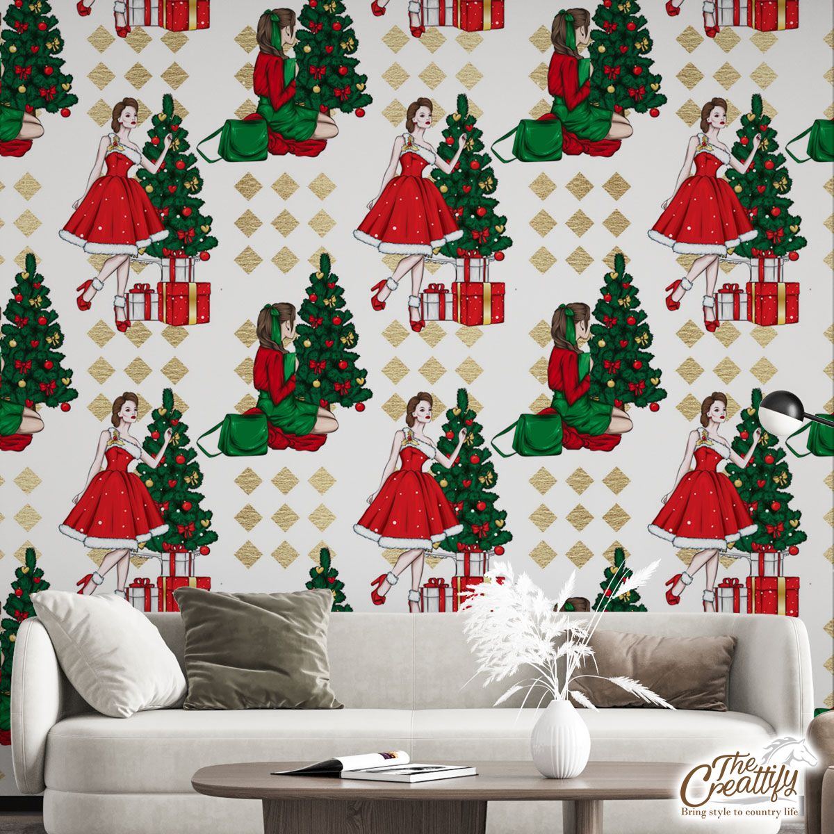 Christmas Girl With Christmas Tree Wall Mural