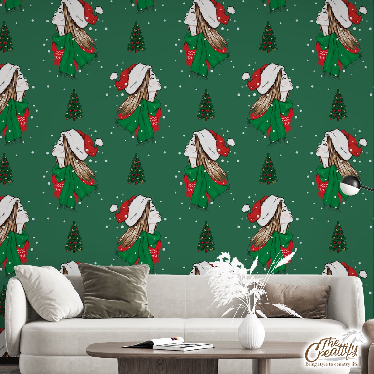 Christmas Girls With Christmas Tree On Green Background Wall Mural