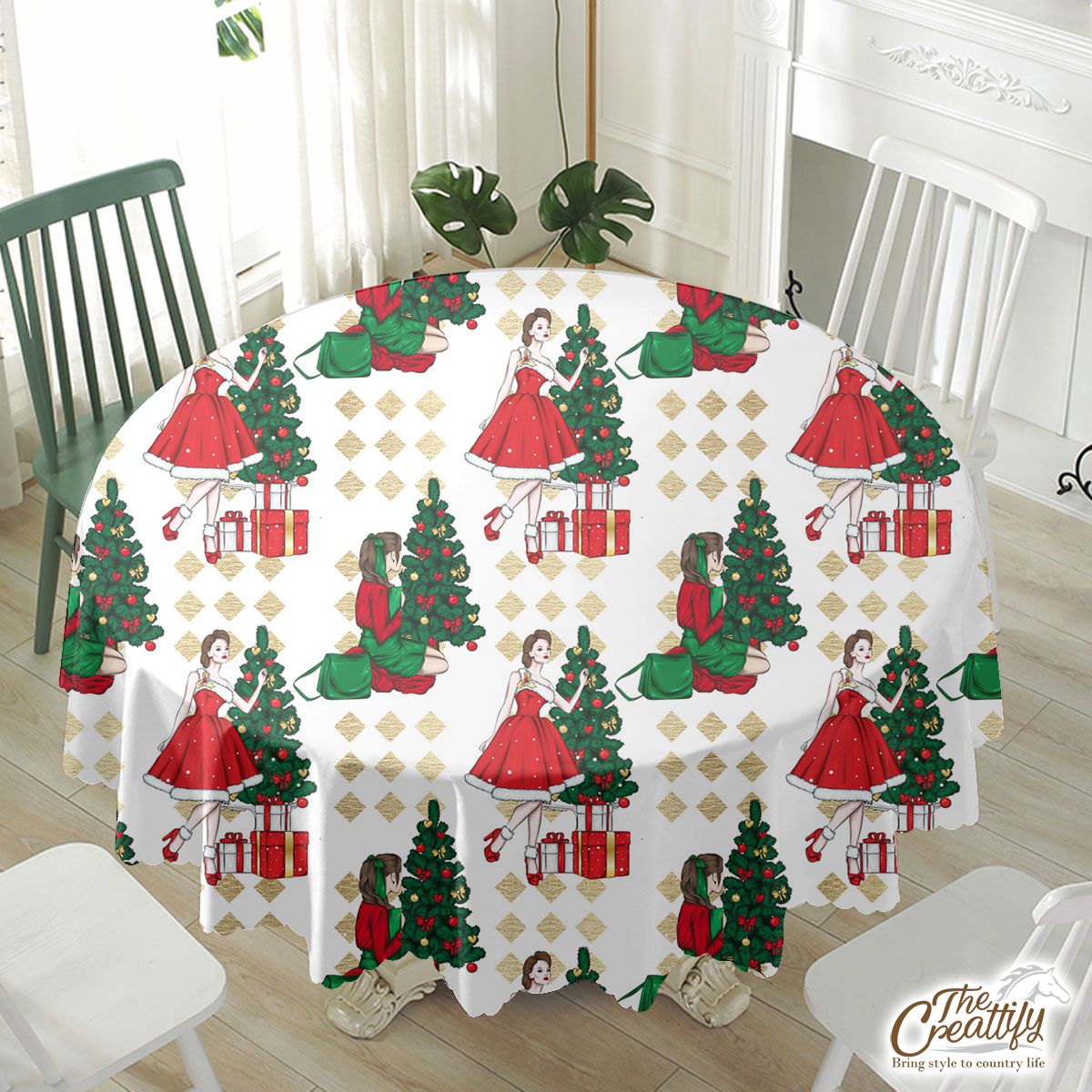 Christmas Girl With Christmas Tree Waterproof Tablecloth