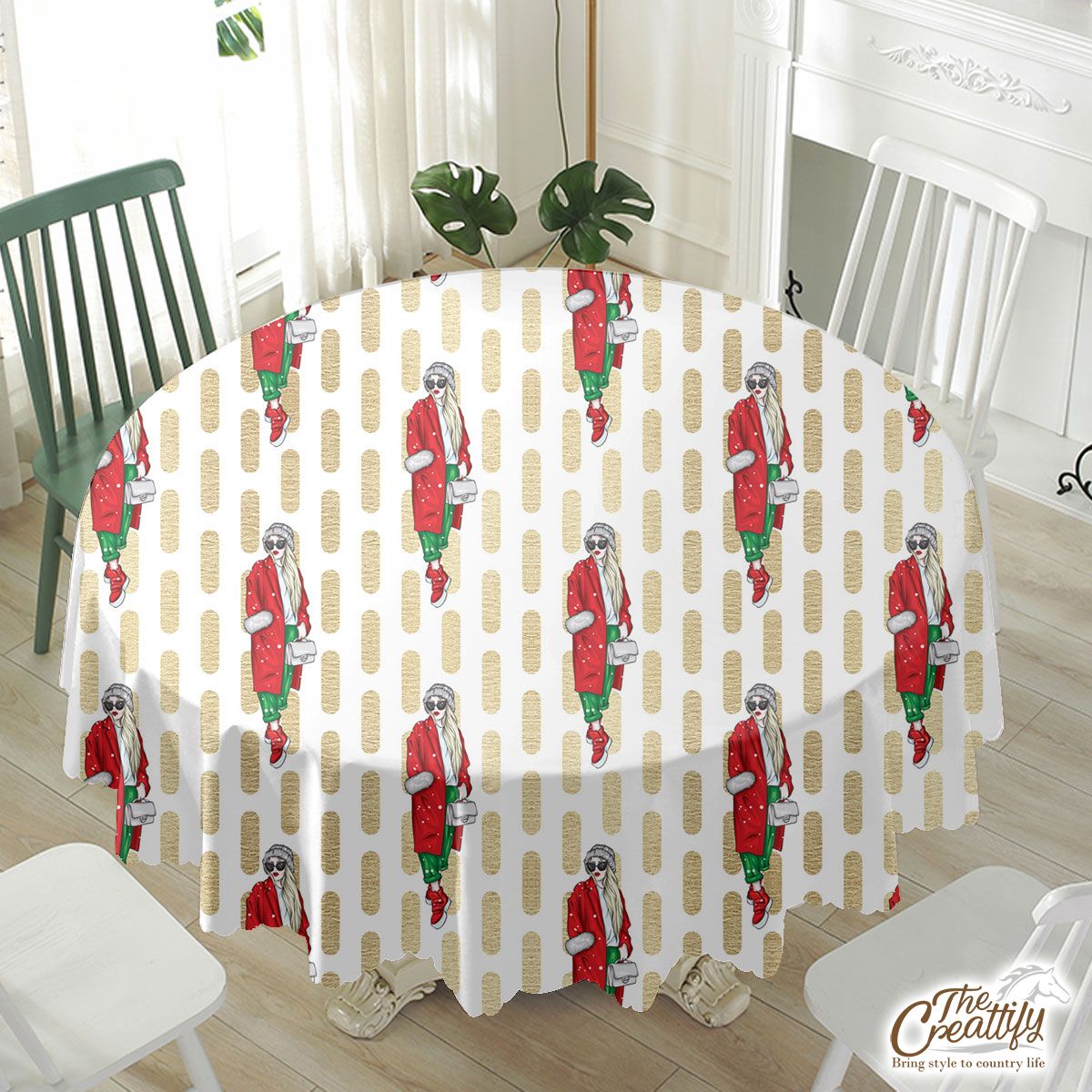 Fashionable Christmas Girl Shopping Waterproof Tablecloth