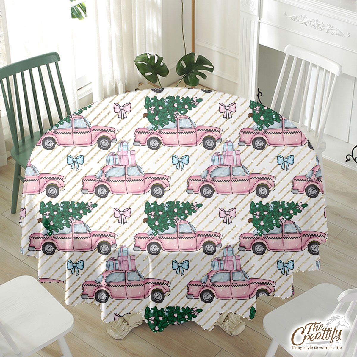 Pink Christmas Car With Christmas Tree Waterproof Tablecloth