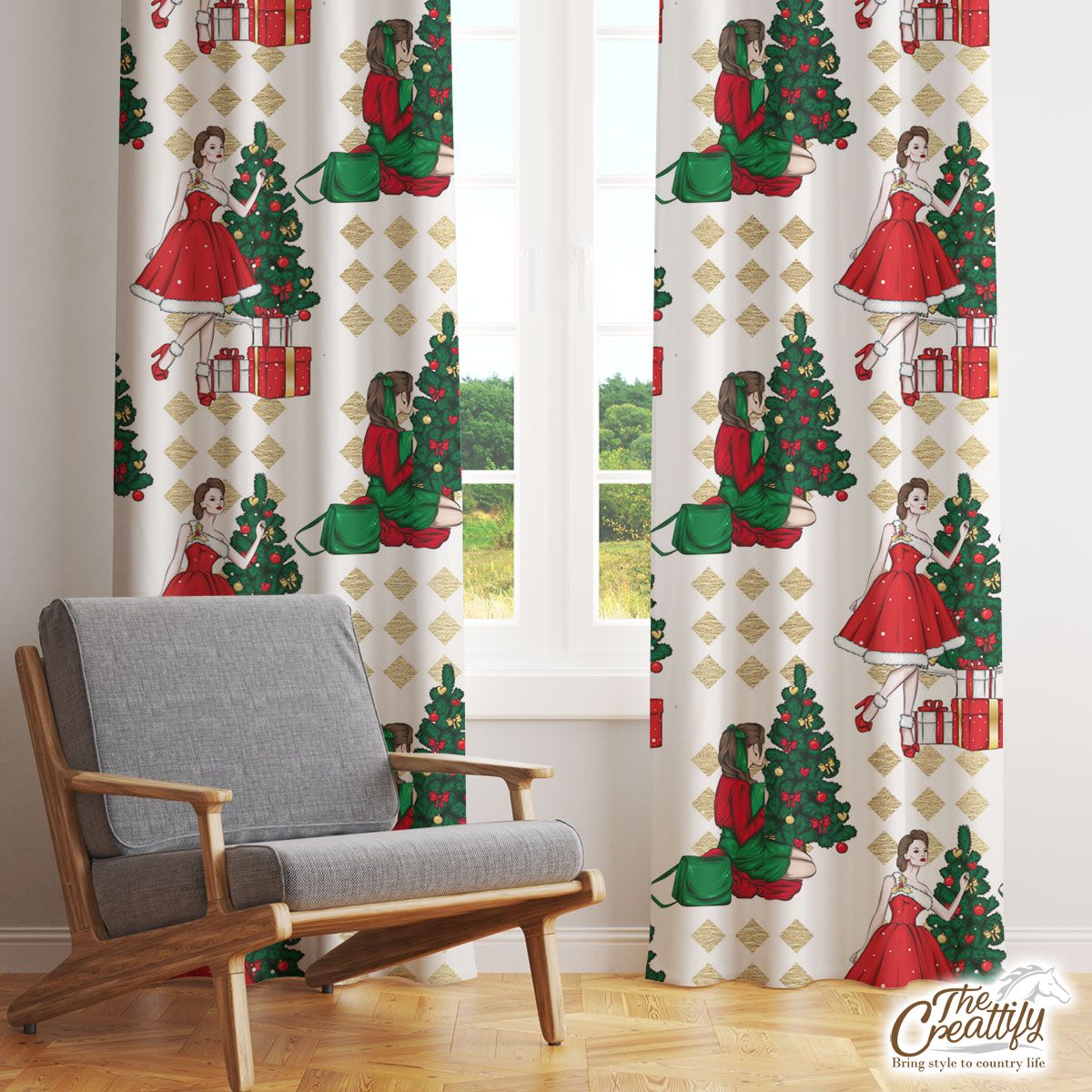 Christmas Girl With Christmas Tree Window Curtain