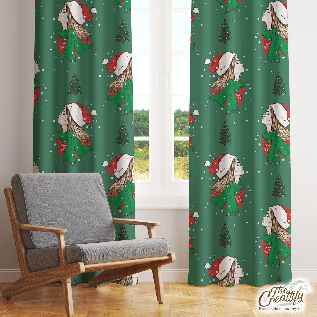Christmas Girls With Christmas Tree On Green Background Window Curtain