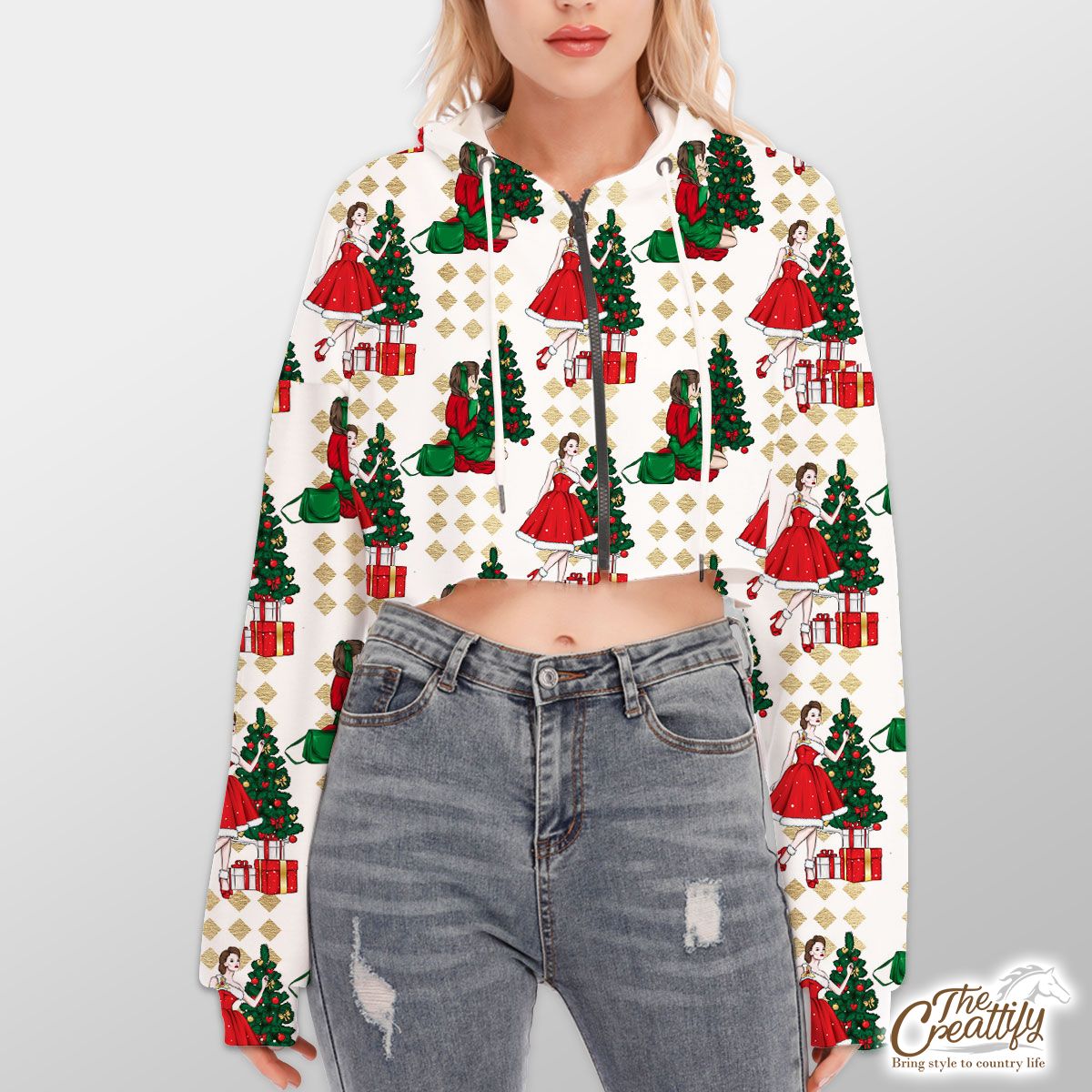 Christmas Girl With Christmas Tree Hoodie With Zipper Closure