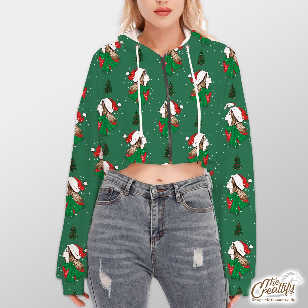 Christmas Girls With Christmas Tree On Green Background Hoodie With Zipper Closure