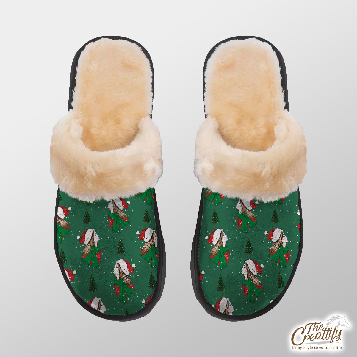 Christmas Girls With Christmas Tree On Green Background Home Plush Slippers