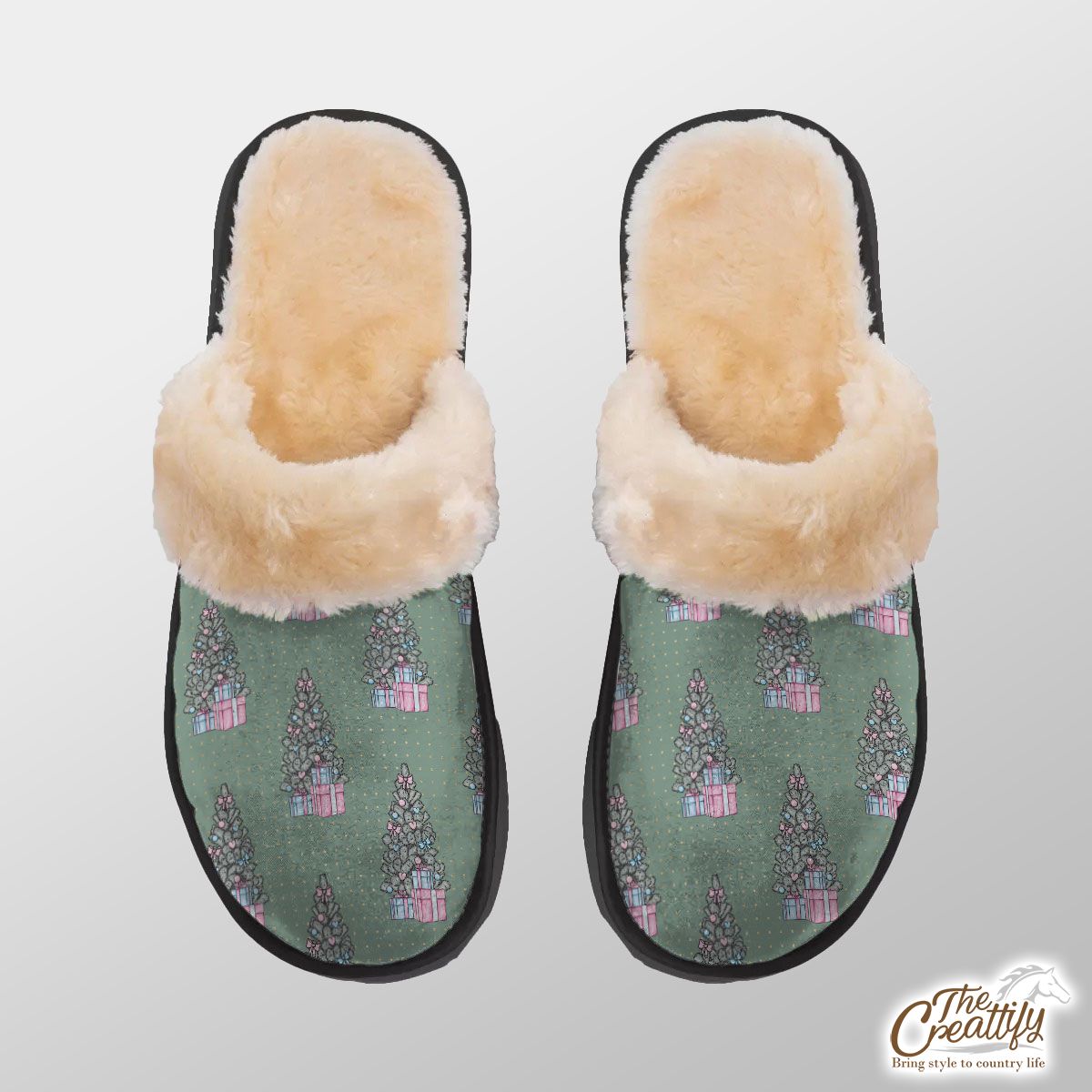 Christmas Tree On Vintage Background Home Plush Slippers