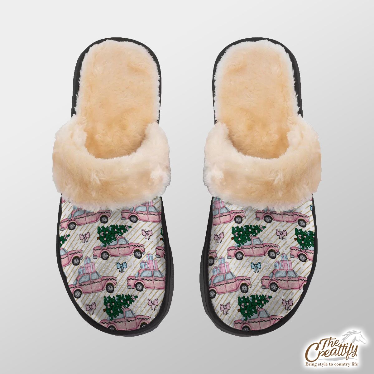 Pink Christmas Car With Christmas Tree Home Plush Slippers