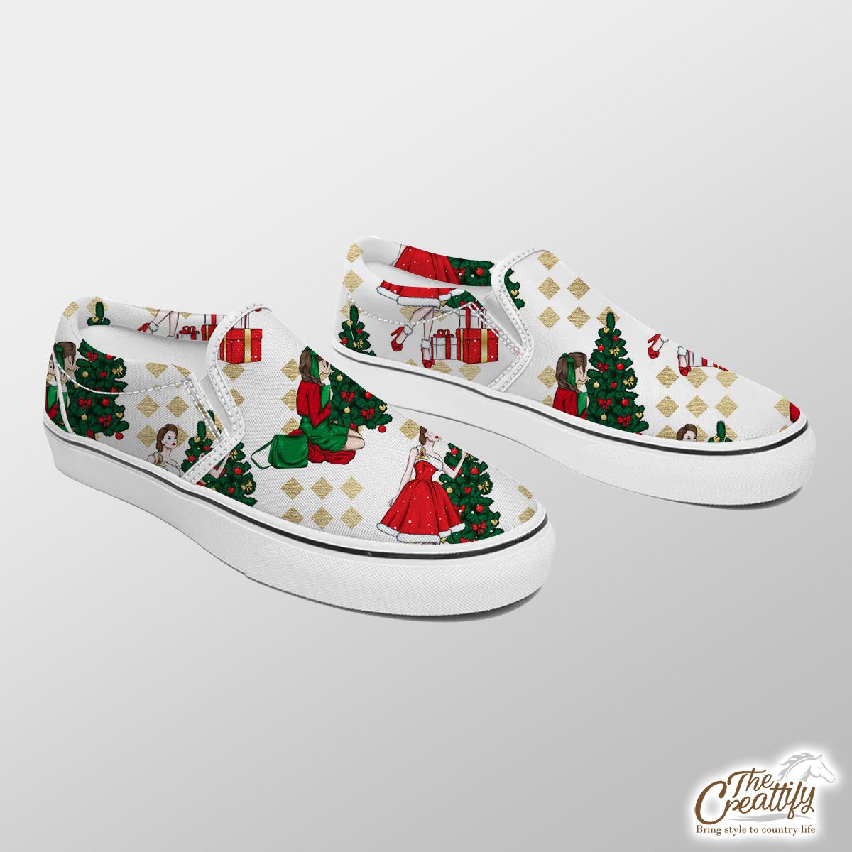 Christmas Girl With Christmas Tree Slip On Sneakers