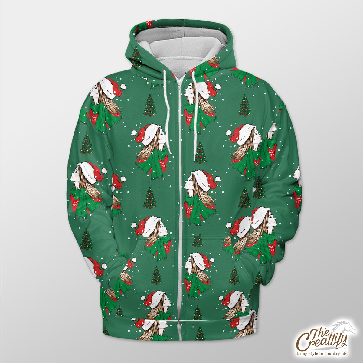 Christmas Girls With Christmas Tree On Green Background Zip Hoodie