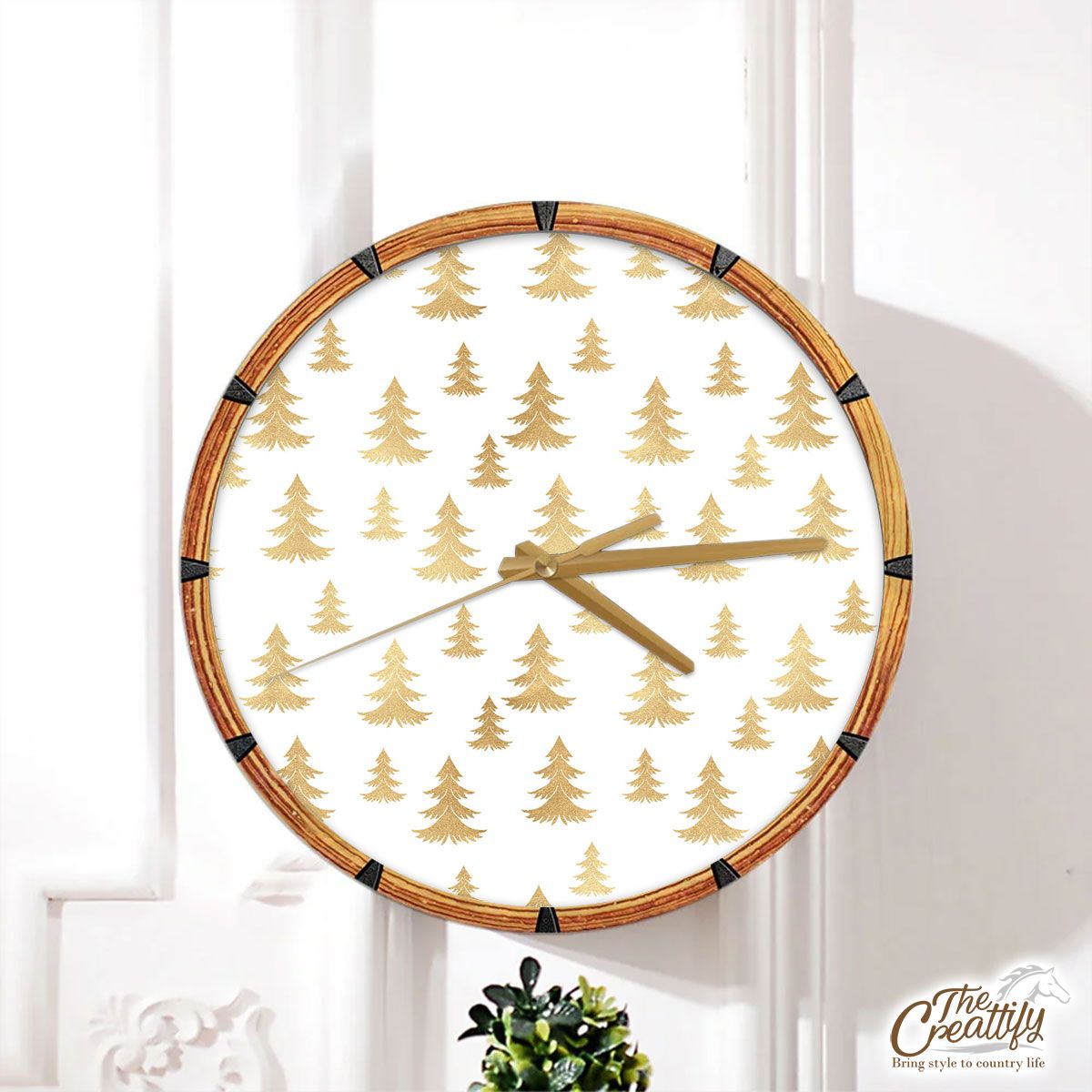 Gold Christmas Tree On White Background Wall Clock