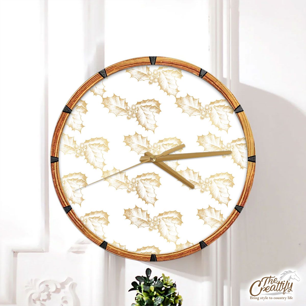 Gold Holly Leaf On White Background Wall Clock
