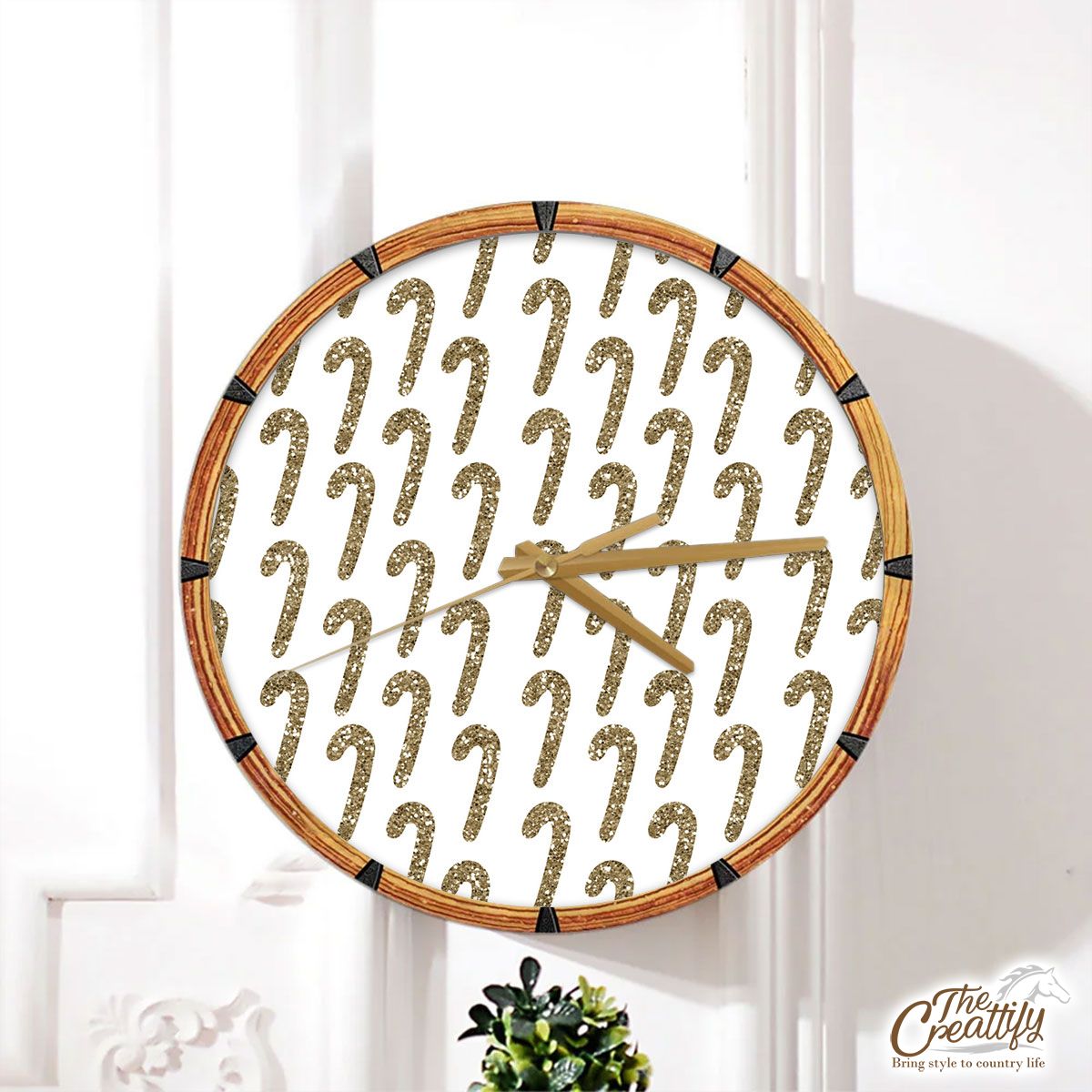 Twinkle Gold Candy Cane On White Background Wall Clock