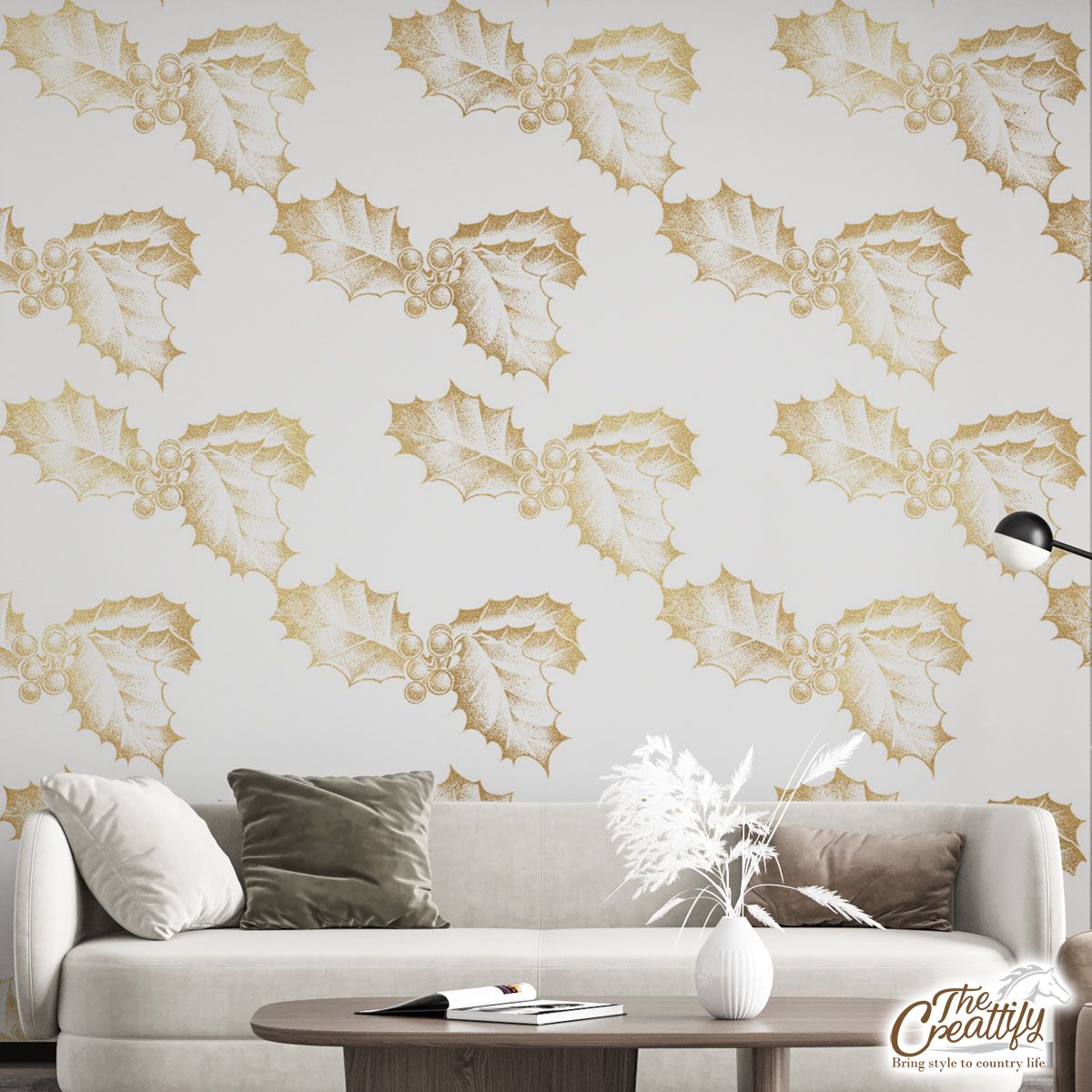 Gold Holly Leaf On White Background Wall Mural