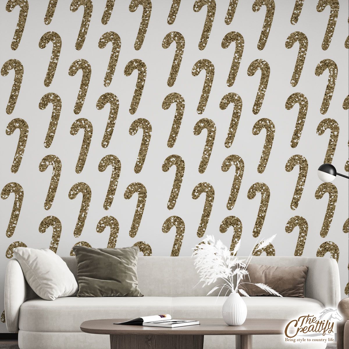 Twinkle Gold Candy Cane On White Background Wall Mural