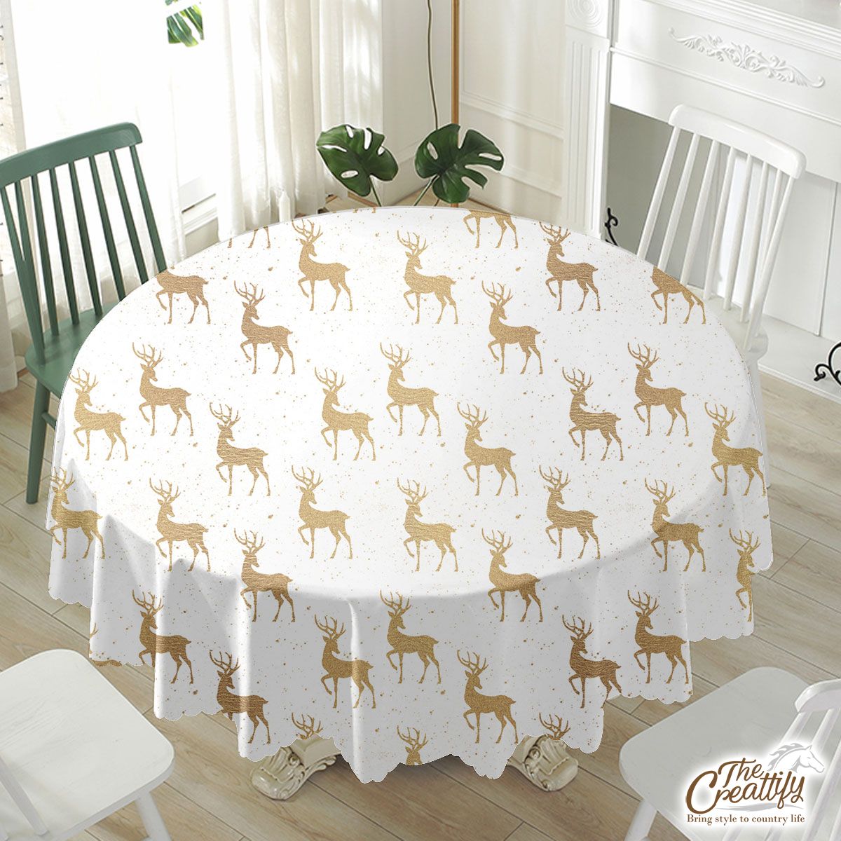 Christmas Gold Reindeer On White Background Waterproof Tablecloth