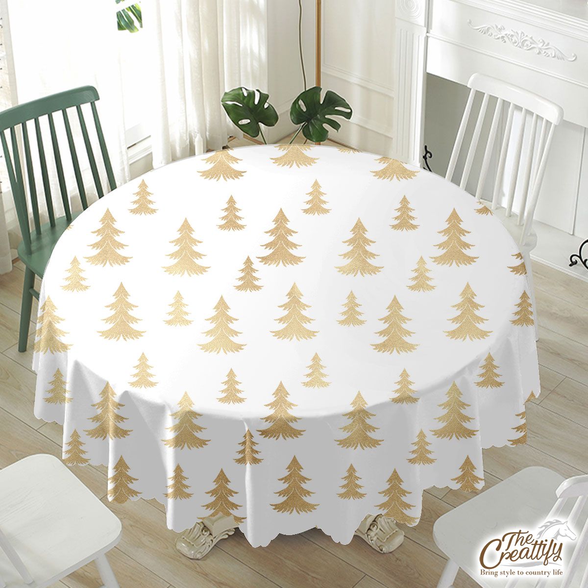 Gold Christmas Tree On White Background Waterproof Tablecloth