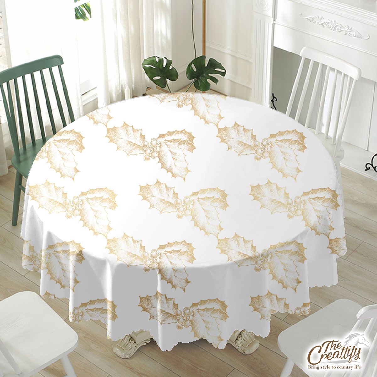 Gold Holly Leaf On White Background Waterproof Tablecloth