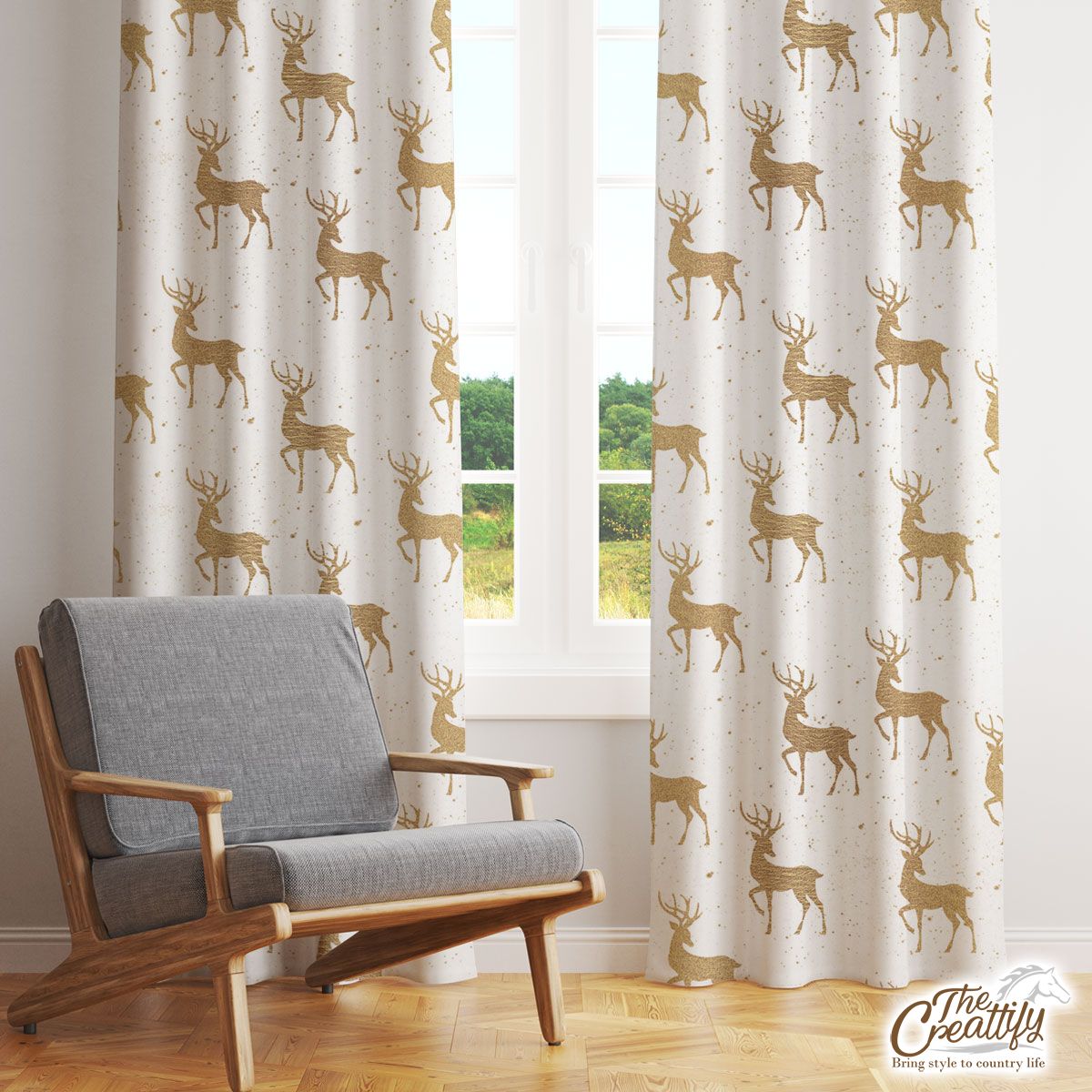Christmas Gold Reindeer On White Background Window Curtain