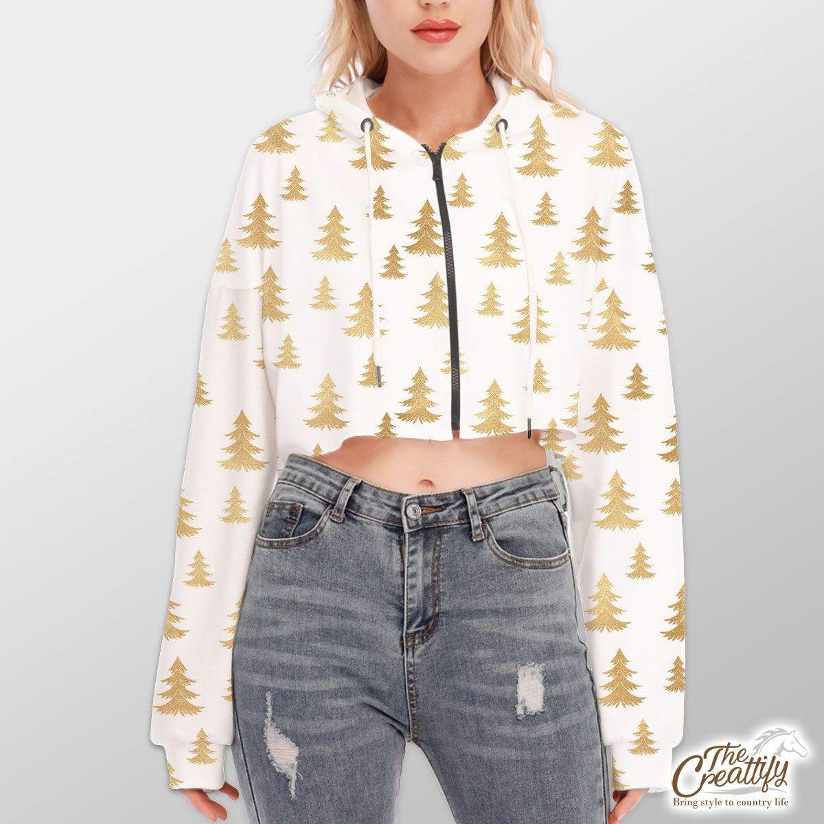 Gold Christmas Tree On White Background Hoodie With Zipper Closure