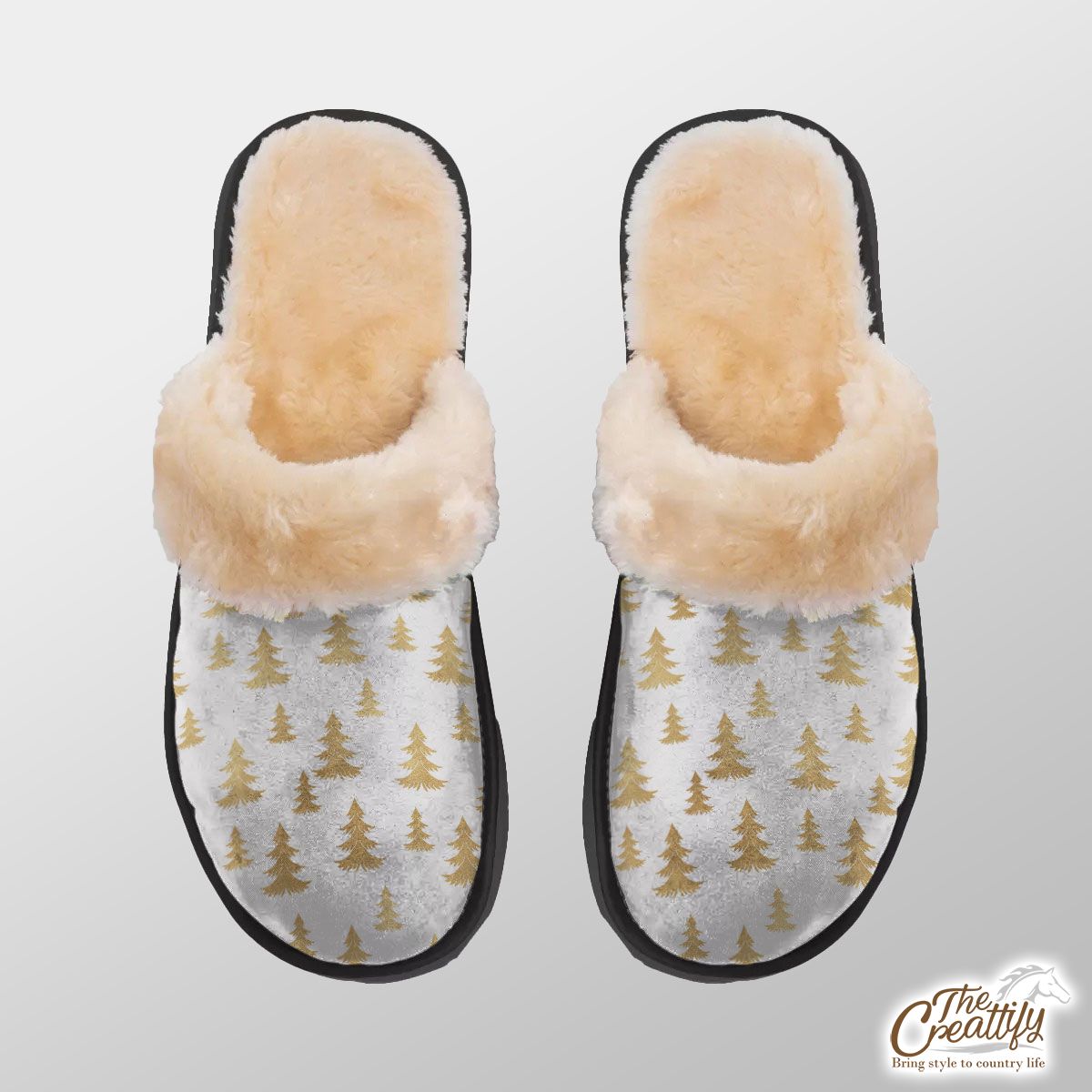 Gold Christmas Tree On White Background Home Plush Slippers
