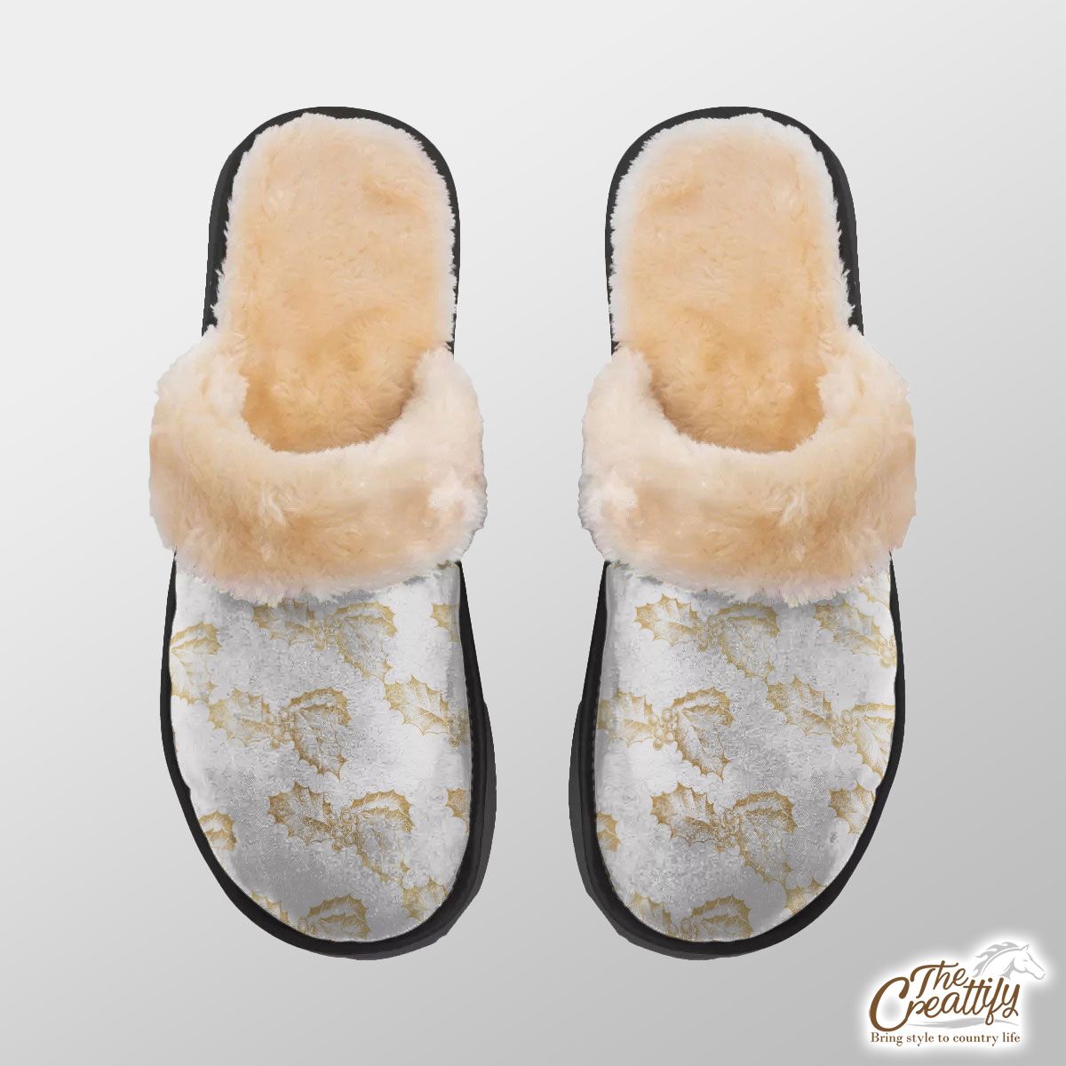 Gold Holly Leaf On White Background Home Plush Slippers