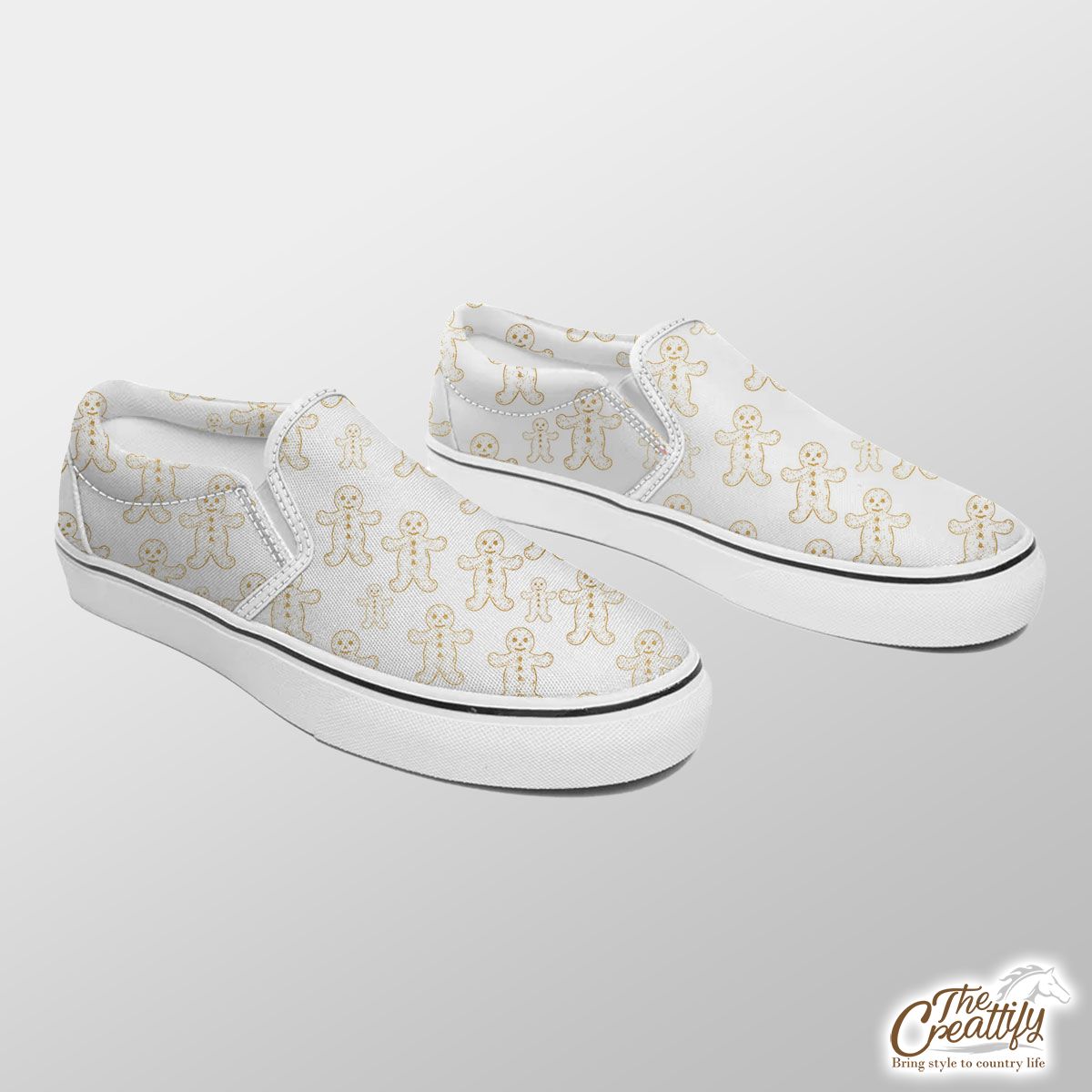 Christmas Gold Gingerbread Man On White Background Slip On Sneakers