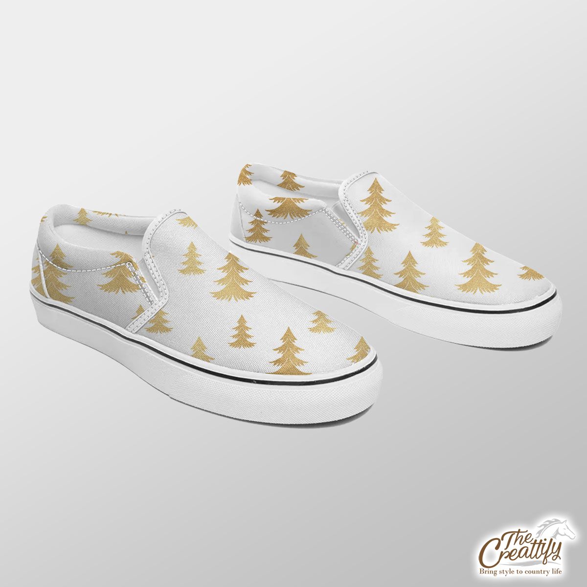 Gold Christmas Tree On White Background Slip On Sneakers