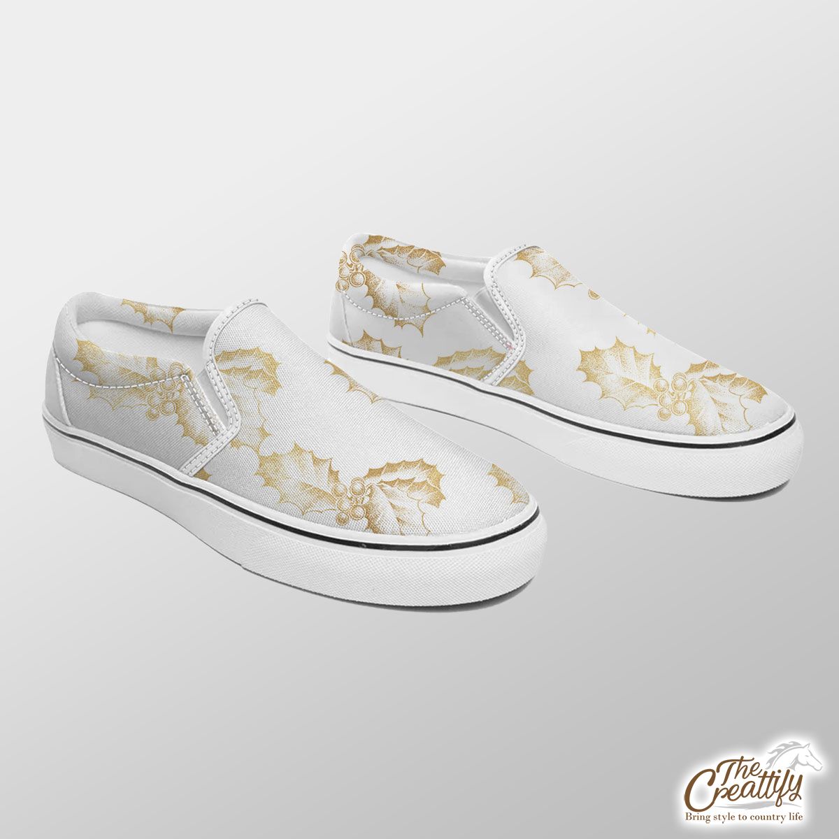 Gold Holly Leaf On White Background Slip On Sneakers