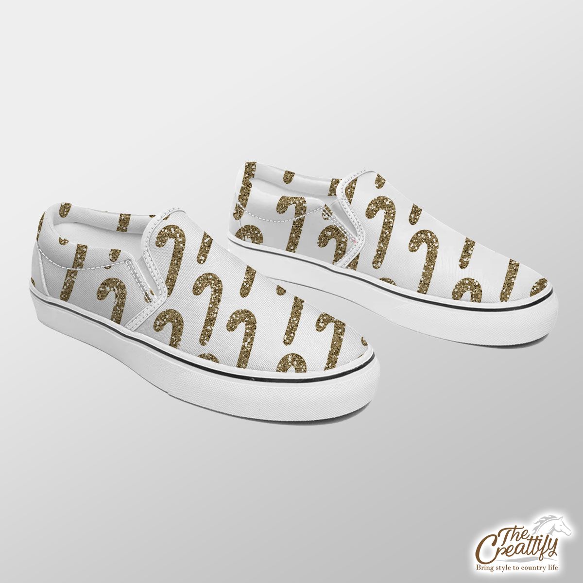 Twinkle Gold Candy Cane On White Background Slip On Sneakers